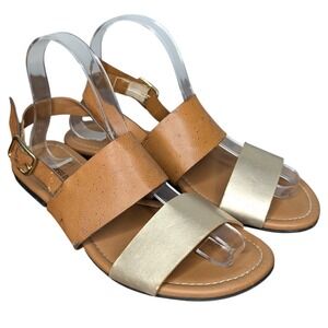 Montego Bay Club Women's 7 Flat Sandals Tan Gold Strappy Summer Shoe